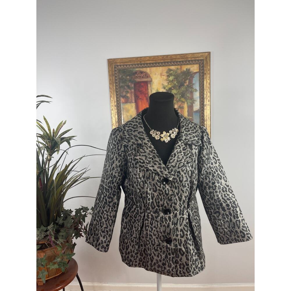 Sunny Leigh Blazer Jacket Womens 10 Metallic Silver Black Leopard Print Mob Wife